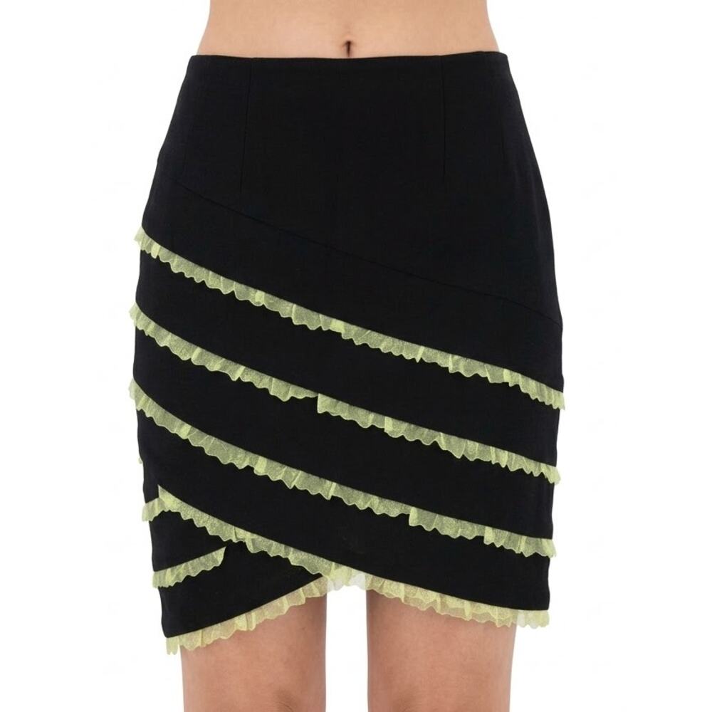 Vintage 90s Black Green Ribbon Ruffle Slant Stripe Wool Pencil Mini Skirt sz 6